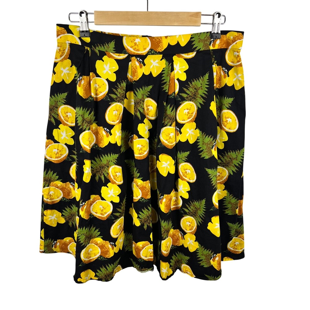 Lemon Print Midi Skirt XL Black Yellow Tropical Fruit Pockets Novelty Artsy